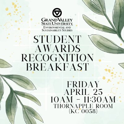 Student Awards Recognition Breakfast flyer with watercolor leaves on a light green background.